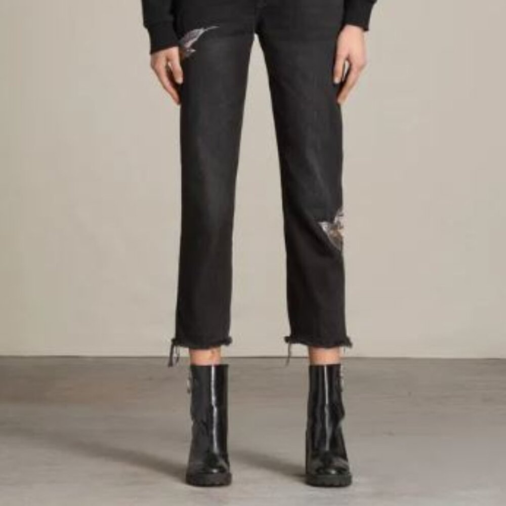 All Saints Bird Embroidered Black Cropped Jeans - Size 25 - Picture 2 of 11